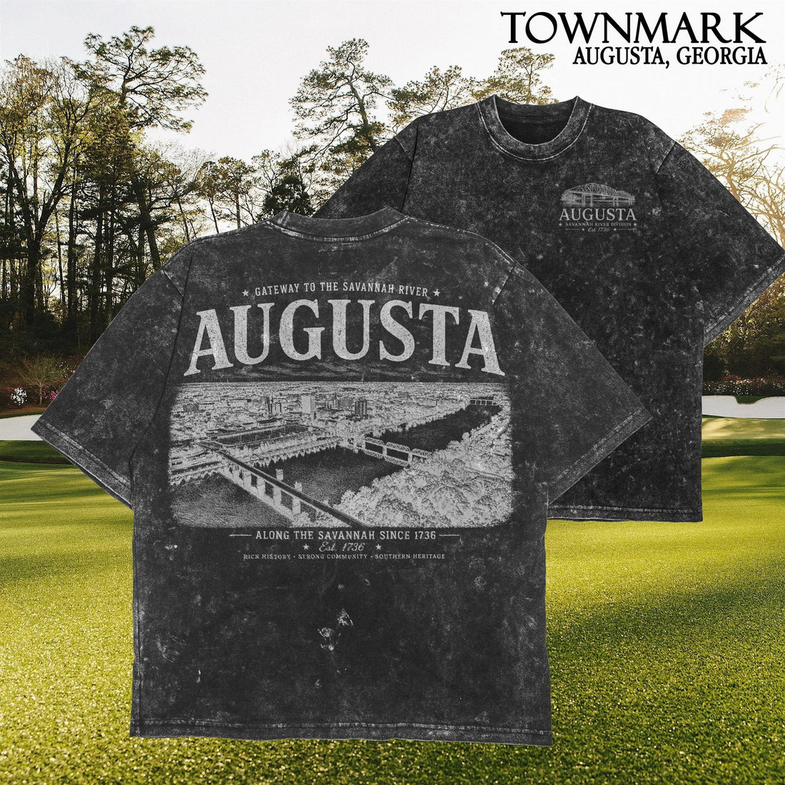 The Augusta Tee in Townmark Black — studio front