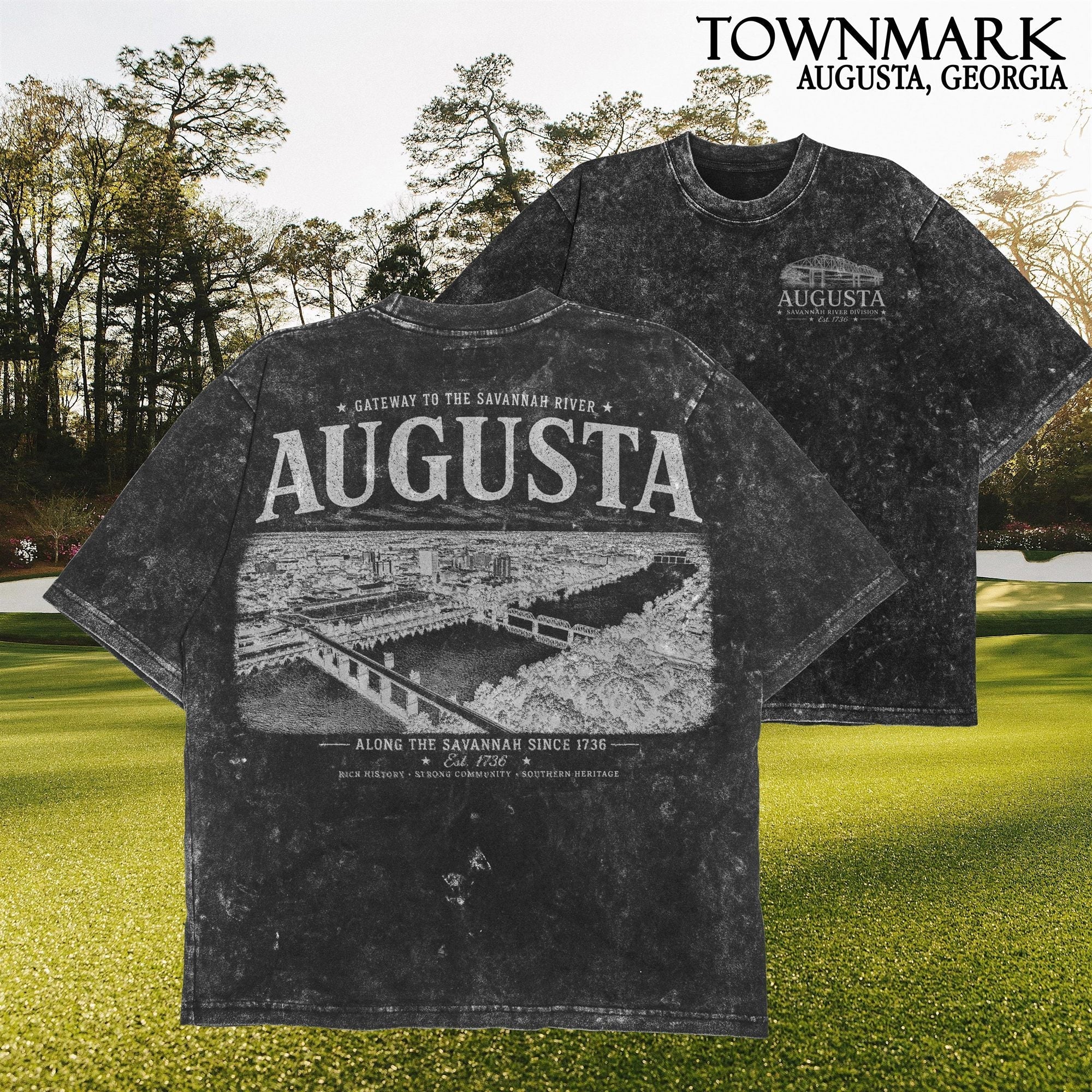 The Augusta Tee in Townmark Black — studio front