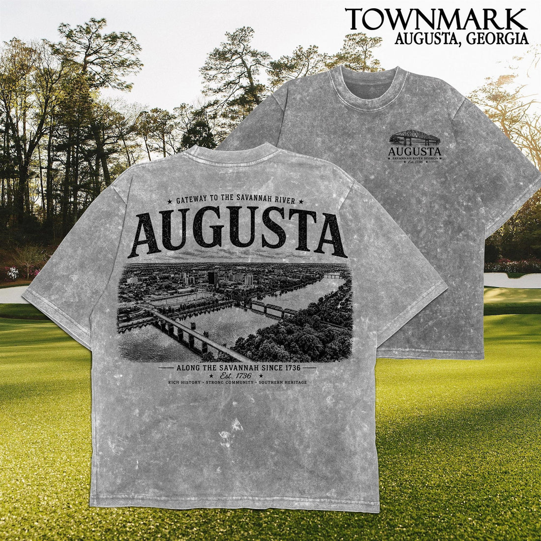 The Augusta Tee in Warm Gray — front and back print