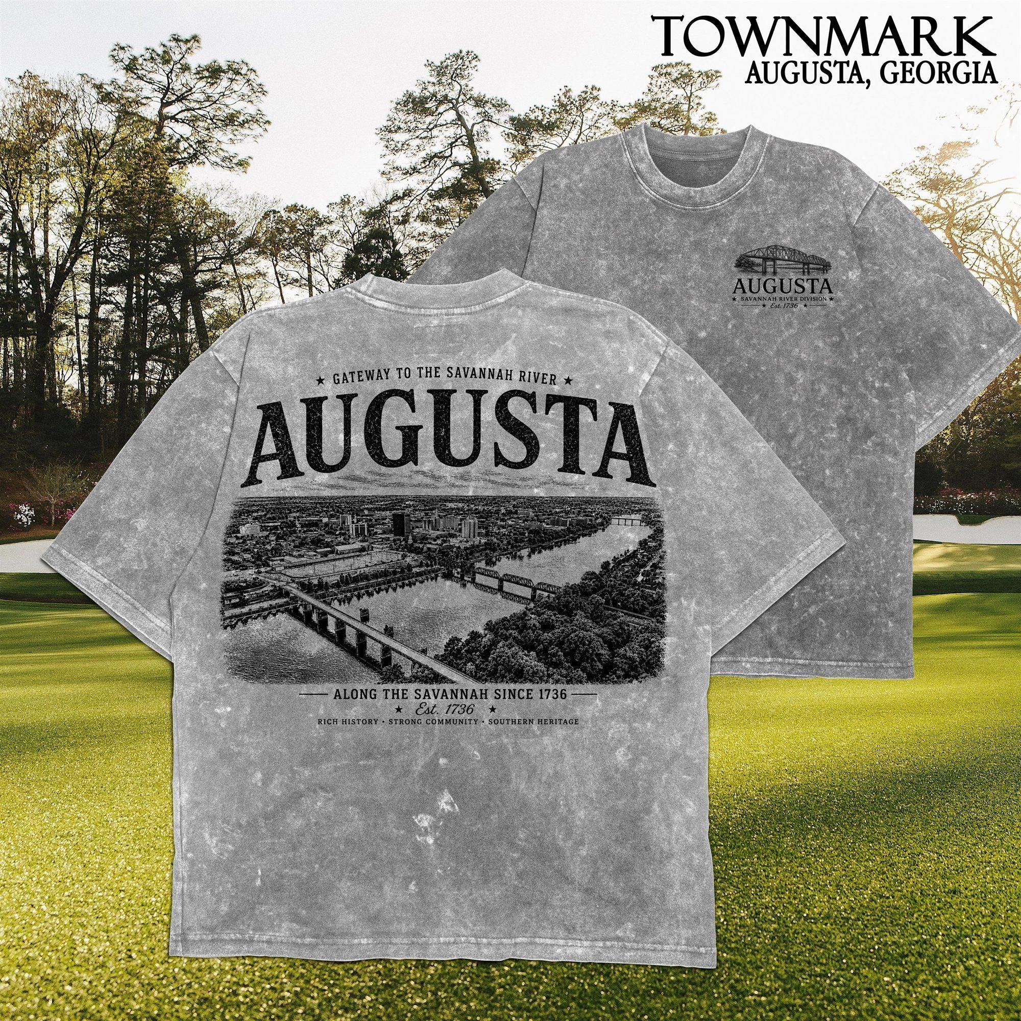 The Augusta Tee in Warm Gray — front and back print