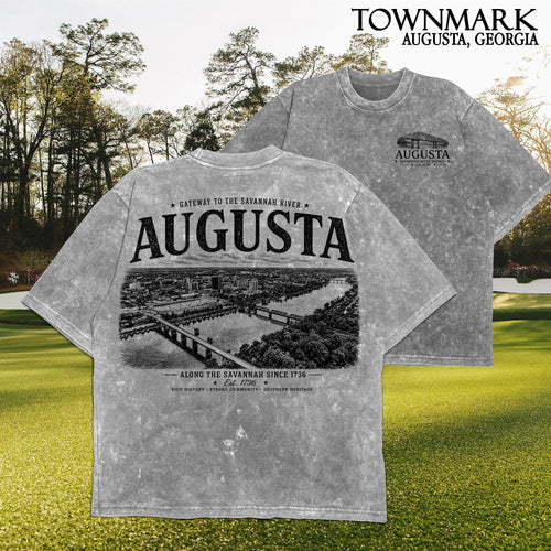 The Augusta T-shirt in Cement — garment-dyed heavyweight tee, Augusta Georgia — front and back print